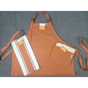 MU Kitchen Cotton Caramel Brown Solid Bib Apron Potholder & Tea Towel Gift Set